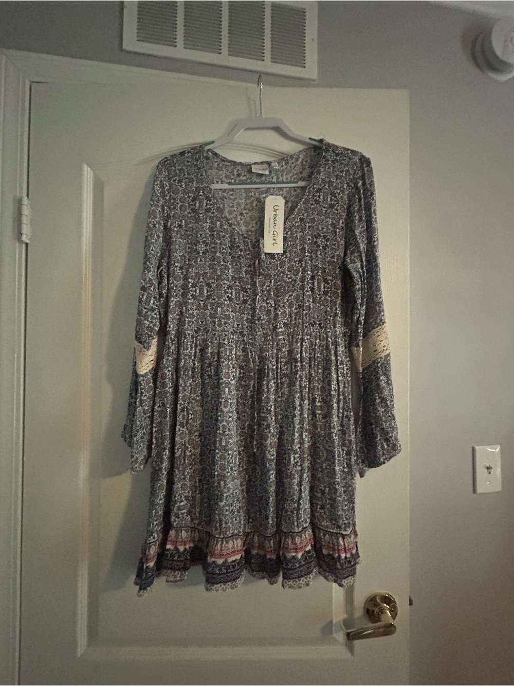 Umgee Blue Floral Long Sleeve Boho Mini Dress with Lace Elbow Detail